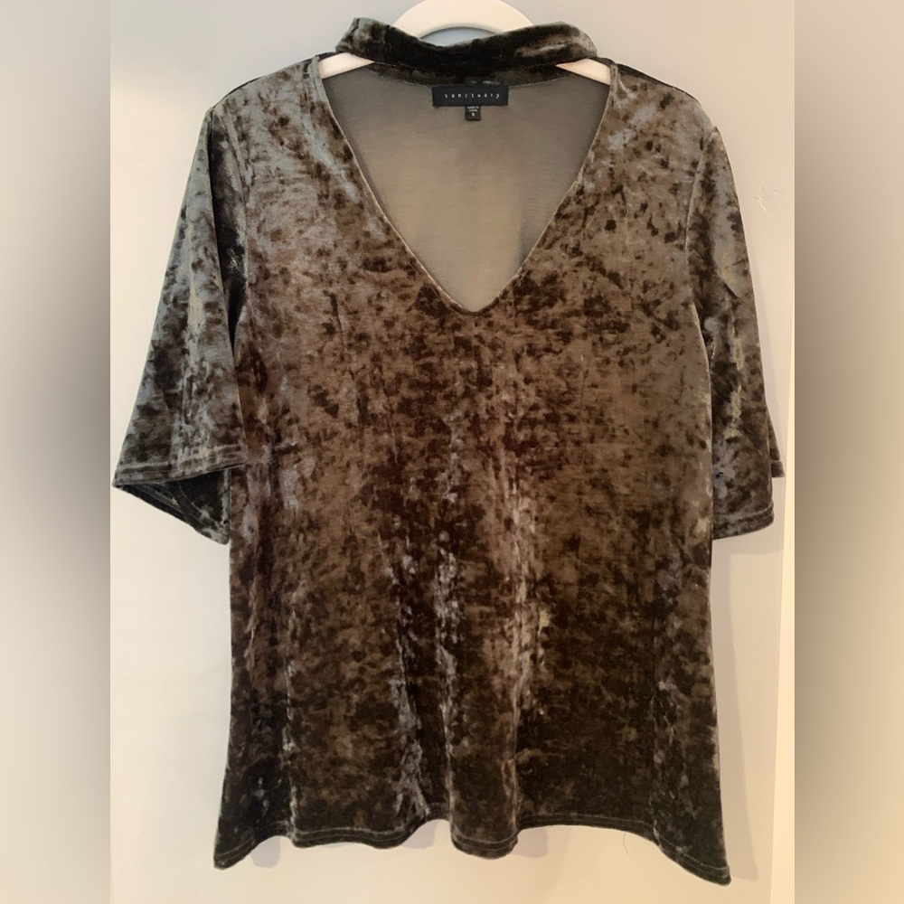 Sanctuary Elegant Velvet V-Neck Top in Green - S